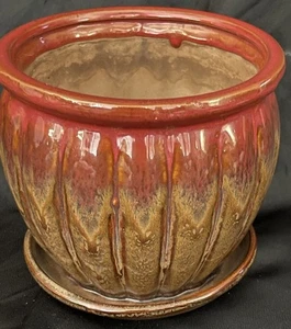 Red & Amber Drip Glazed Pottery Planter-Lovely - Picture 1 of 5