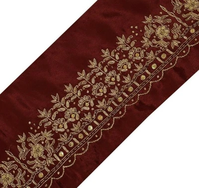 Vintage Sari Border Indian Craft Trim Hand Beaded Embroidered Ribbon Lace Maroon - Image 1 of 4