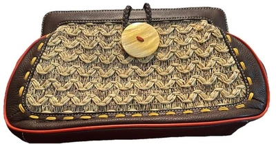 Bolso de mano vintage Kate Landry marrón mimbre/ratán paja cuero ribete botón Foto 1 de 4