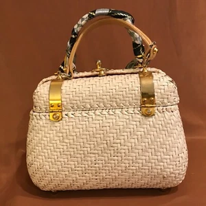 Koret Vintage White Straw Wicker Handbag Gold Scarves Satchel Foot - Picture 1 of 15
