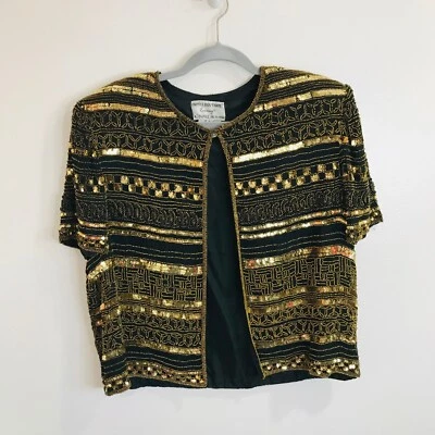 Adrianna Papell Evening Silk Beaded Cardigan Sz Large L Black Gold Shrug Jacket - Image 1 of 4