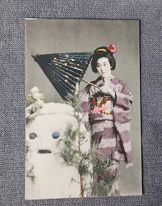 Japan Pretty Geisha Girl with snowman & umbrella Antique tinted postcard