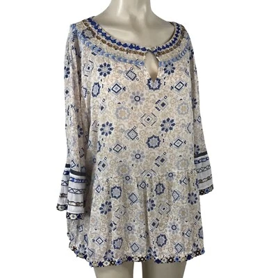 J. JILL- WOMEN'S LARGE - BOHO 3/4 BELL SLEEVE ROUND NECK COTTON BLEND TOP - Image 1 of 4