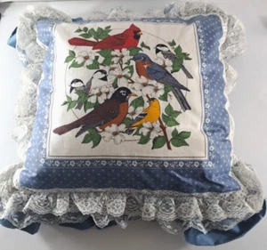 VTG Throw Pillow Birds Cardinal Bluebird Robin Blue 1980s Lace Ruffle 21x21 - Picture 1 of 6