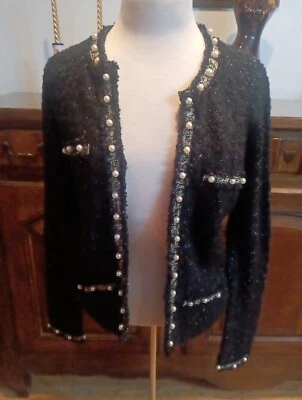 Cárdigan abierto Love Token talla pequeña nuevo con etiquetas detalles de perlas sintéticas negro metálico plateado Foto 1 de 4