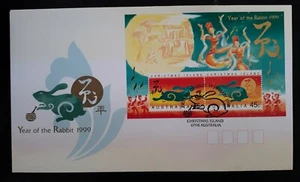 1999 Australia Year of the Rabbit FDC ties minisheet w 2 Christmas Island stamps - Picture 1 of 2