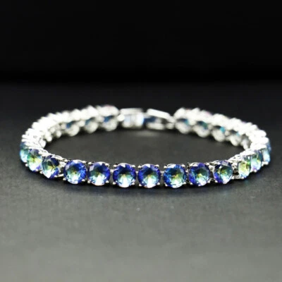 Nuevas pulseras de mujer corte redondo arco iris azul fuego topacio piedras preciosas plata encanto Foto 1 de 4