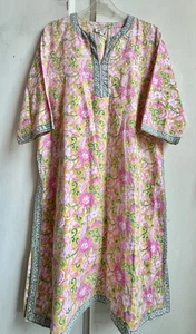 ✩Gorgeous Vintage *ANOKHI* Pink Floral Hand Block Printed Tunic Kaftan Dress L✩ - Picture 1 of 7