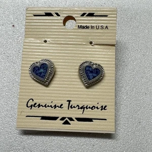Vintage echte Türkis Ohrstecker in Herzform Made in USA silberfarben - Bild 1 von 4