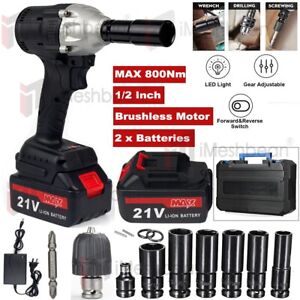 21V Cordless Impact Wrench 1/2" 800Nm High Torque Brushless Drill with 2 Battery