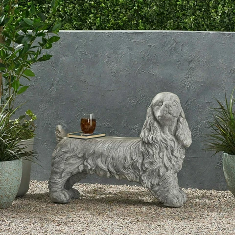Outdoor Cast Stone Cocker Spaniel Dog Bench, Gray Cover