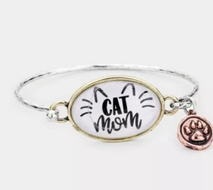 BRACCIALE AMANTE DEI GATTI "CAT MOM" CABOCHON ZAMPA DI GATTO RAME TONO ARGENTO - Foto 1 di 2
