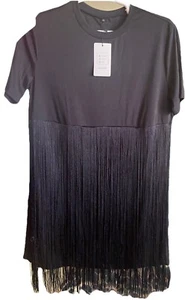 Dress Long Black Round Neck Short Sleeves Long Fringe At ( Size XL ) - Picture 1 of 5