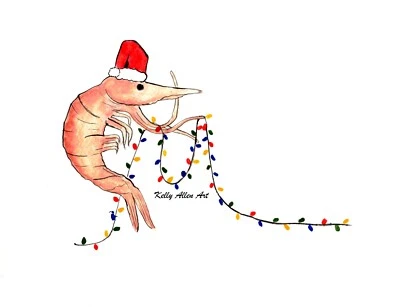 Original Watercolor art Christmas Card.  Shrimp in Santa hat with lights. - Image 1 of 3