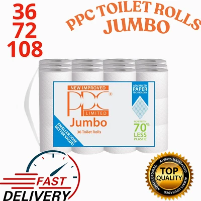 36/72/108/144 x White Toilet Tissue Rolls 2ply PPC Quilted Embossed Paper Jumbo - Image 1 of 4