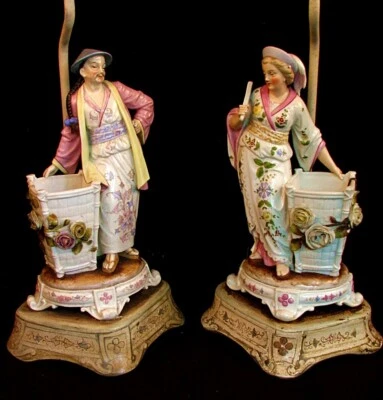 GERMAN PORCELAIN LAMPS MEISSEN DRESDEN SPILL VASES FIGURAL PAIR c.1860 - Image 1 of 4