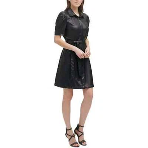 DKNY  Women's Petite Faux-Leather  Belted Shirtdress, Black, 6P - Picture 1 of 3