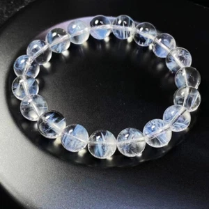 Bracciale Cristallo Quarzo 10,4mm Naturale Trasparente Bianco Blu”Piuma” AAA - Foto 1 di 6