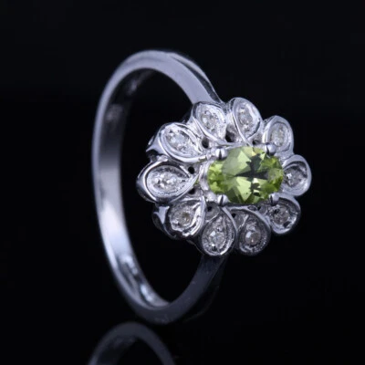 Natural Peridot 6x4mm Oval Cut Diamond Ring Sterling Silver Plate 14K White Gold - Image 1 of 4