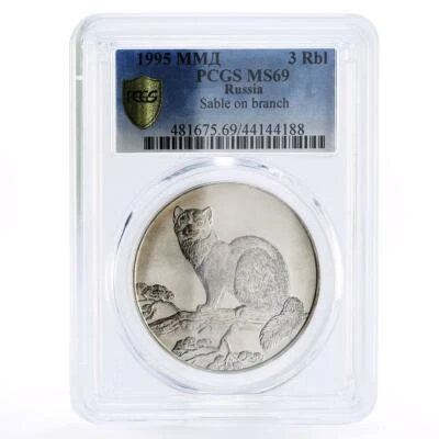 Russia 3 rubles Endangered Wildlife Fauna Sable MS69 PCGS silver coin 1995 - Image 1 of 2
