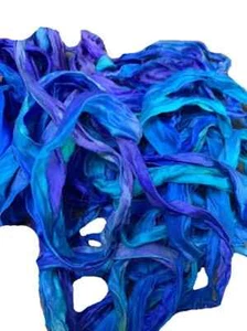Recycled Sari Silk Ribbon Yarn - Azure Blue - 50 GMS - Boho Ribbon - Silk Strips - Picture 1 of 6