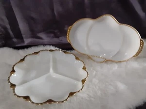 Lot of 2 Vintage Gold Trim Milk Glass Serving Dishes - Picture 1 of 7