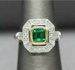 Art Deco Style 2Ct Emerald & Lab Created Diamond Wedding 14K White Gold FN Ring - Picture 1 of 9