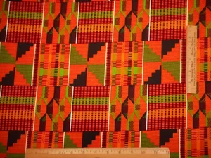 African Fabric By The Yard Orange Green Black Red White Geometric Cotton #Nov - Picture 1 of 2