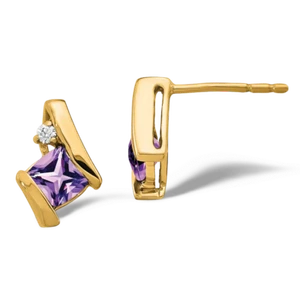 10K Solid Yellow Gold Cushion-Cut Amethyst Diamond Studs Earrings - Picture 1 of 6