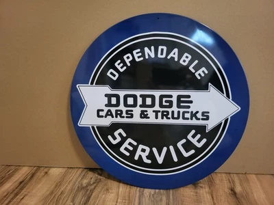 LARGE (DODGE CARS & TRUCKS DEPENDABLE SERVICE) ROUND 17 1/4" TIN WALL SIGN - NEW - Image 1 of 4