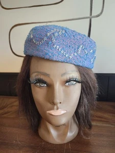 Vintage 50s PINK BLUE Boucle TWEED Pillbox Hat W/ SEQUINS Cocktail Party - Picture 1 of 4