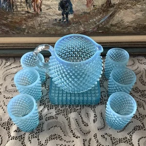 FENTON BLUE OPALESCENT HOBNAIL BARREL TUMBLER AND PITCHER SET 10 Pc W/ 3 TRAYS - Picture 1 of 21