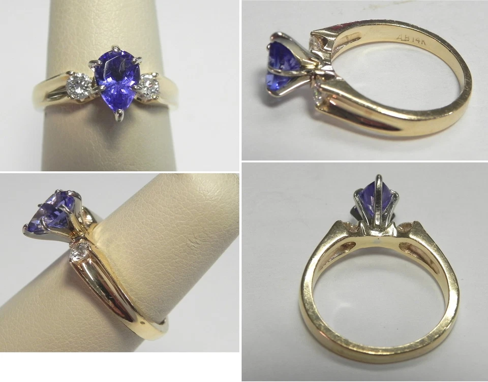 Anillo de tres piedras V552 Estate de oro amarillo sólido de 14 quilates con tanzanita y diamantes, talla 6 Foto 1 de 1