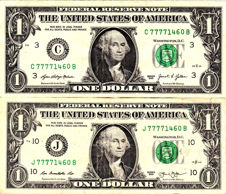 $1 2021  2013  Fancy Serial MATCHING QUAD  SERIALS C77771460B  J77771460B - Image 1 of 1