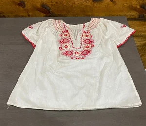 Hand Sewn Linen Short Sleeve Top Linen Tunic Blouse Hippy Red Hearts Flowers M/L - Picture 1 of 13