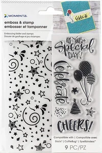 Carpeta en relieve de confeti para tiempo de fiesta Momenta y conjunto de 8 piezas de estampillas transparentes para celebrar vítores - Imagen 1 de 2