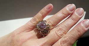 NEW "designer inspired" Large Pink CZ Ring w.vintage 2 tone detail size 6 - Picture 1 of 8