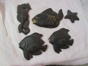 Vintage 1967 Miller Studio 5 piece black Chalkware Fish Seahorse Starfish set - Picture 1 of 9