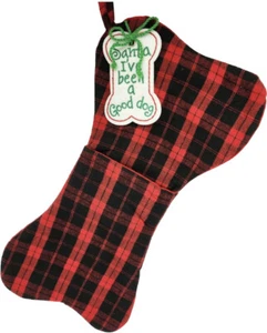 Pet Dog Christmas Stocking Bone Shape Black Red Plaid Fabric 17” - Picture 1 of 3