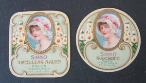 2 Old Vintage 1920's SALUX PERFUMER - Beauty LABELS - Sachet / Smelling Salts - Picture 1 of 1