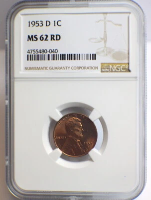 1953 D NGC 1C LINCOLN WHEAT PENNY MS 62 RD  - Image 1 of 3
