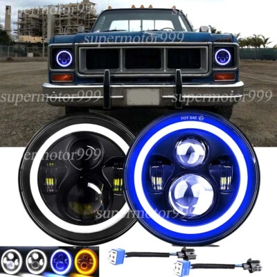 Fit GMC C15 C25 C35 1975-1978 Pair 7" Round LED Headlight Blue DRL High Low Beam - Image 1 of 4