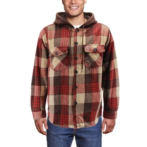 Men’s Plaid Flannel Button Up Cotton Blend Long Sleeve Hooded Shirt - Picture 1 of 19