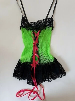 Shirley of Hollywood Sheer Neon Green Fishnet Camisole & Thong Risque Lingerie - Image 1 of 4