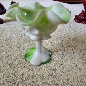 Vintage Kanawha Green White Brown Slag Glass Footed Crimped Compote Best Price! - Picture 1 of 3
