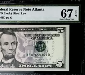 SUPERB GEM 2013 $5 FANCY SERIAL NUMBER NEAR PERFECT LADDER #87654361 PMG 67EPQ - Picture 1 of 4