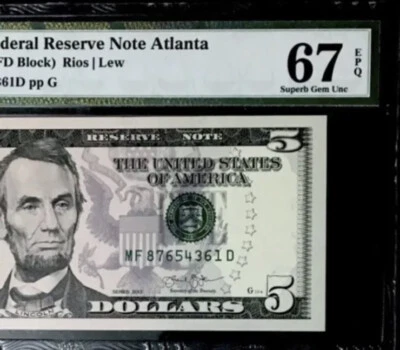 SUPERB GEM 2013 $5 FANCY SERIAL NUMBER NEAR PERFECT LADDER #87654361 PMG 67EPQ - Image 1 of 4