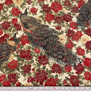 Oriental Traditions by Robert Kaufman Metallic Peacock Floral Cotton BY THE YARD - Picture 1 of 2