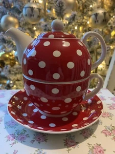 Tea For One Set - Teapot, Cup & Saucer - Red & White Polka Dots. Display Only. - Picture 1 of 12