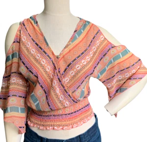 Papaya Southwest Tribal Print Open Shoulder Flare Sleeve Crop Top Sz S 37J - Picture 1 of 9